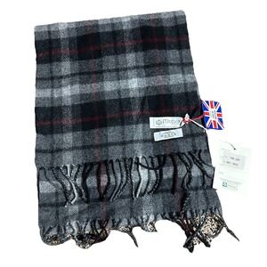 Maban of Scotland‎ Grey Check Lambswool Scarf Plaid Fringe Wrap 11"x58"